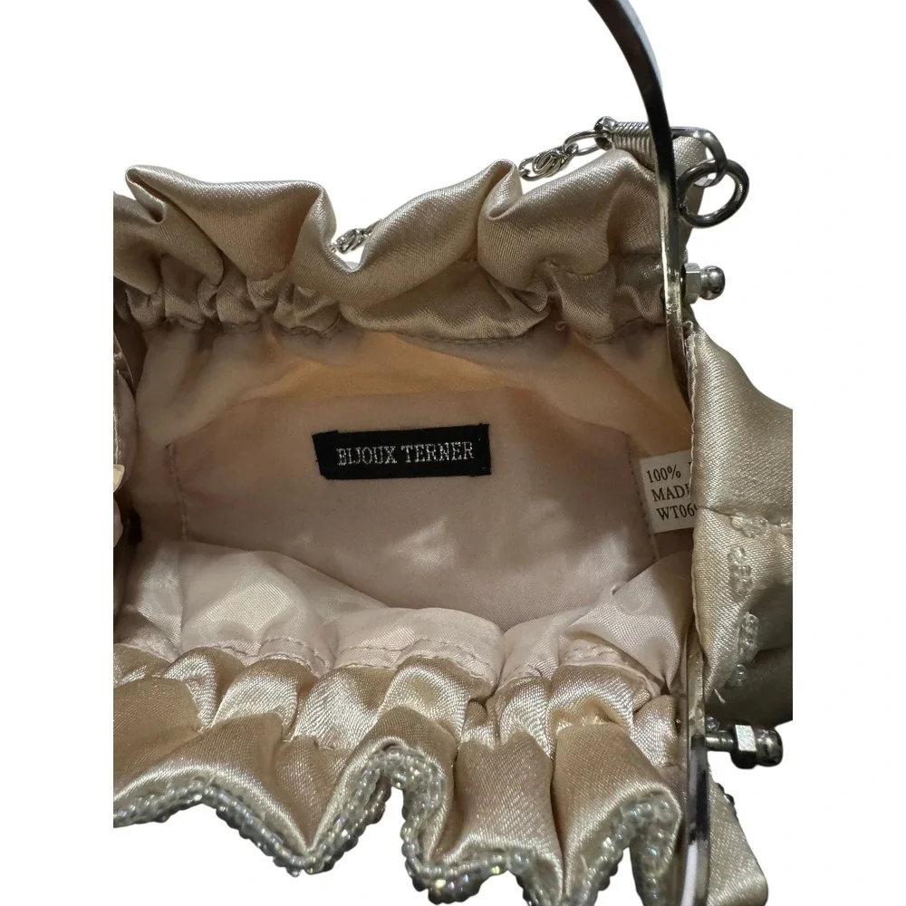 Bijoux Ternier Beaded Evening‎ Clutch Bag Gold Satin Kiss Lock Frame VINTAGE